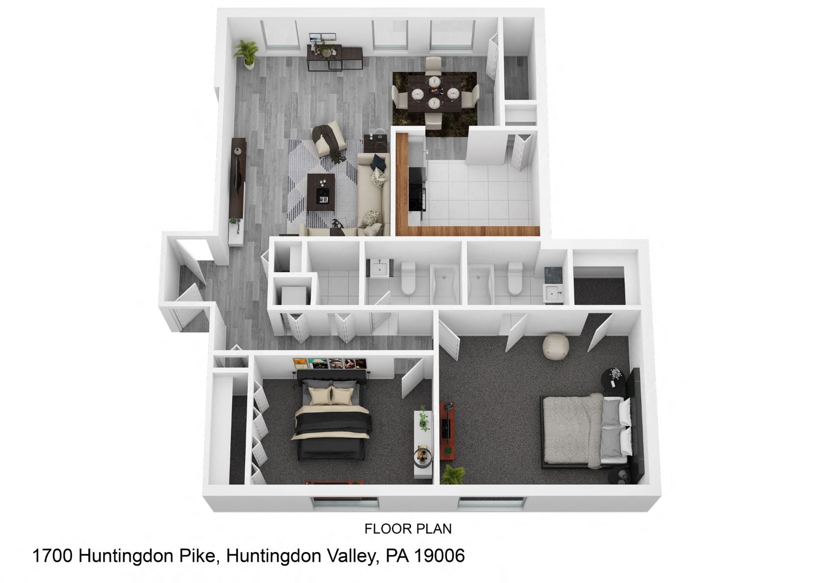 Floor plan for 2 beds, 2 baths, 1100 sqft
